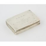Rectangular silver match box, the cover inscribed J. D. N. H FROM THE GUN ROOM OFFICERS H. M. S.