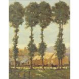 Twentieth-century British School, landscape with trees to foreground, oil on canvas,