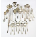 Mixed lot of silver flatware to include a pair of Victorian shell bowl apostle spoons, London 1894,