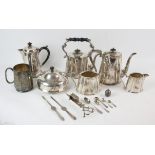 SIlver plated four piece tea and coffee set, muffin dish, grape shears and other items
