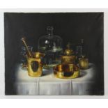 Gyula Paksy (contemporary), still life with brass items, oil on canvas, signed lower right,