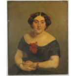 Twentieth-century British School, portrait of a lady with red flowers, oil on canvas,