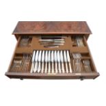 Reproduction walnut queen Anne style part canteen of Mappin & Webb cutlery, W85 x D58 x H83cms