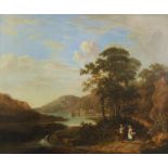 Nineteenth-century British School, pastoral landscape with lake and figures to foreground,