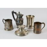 George III presentation mug London 1806, silver milk jug London 1899, waisted silver beaker