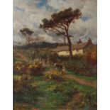 William Banks Fortescue (British, c.1855-1924), moorland landscape with figures and cottage,