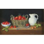 Enid Clarke (British, 1919-2020), 'Basket of Strawberries', still life, oil on ivorine,