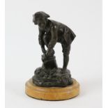 Patinated bronze figure of a boy in 18th century clothes tying his shoelaces, on yellow marble base
