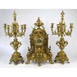 20th century brass clock garniture, the French-style brass clock with enamel roman numerals,