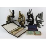 Four microscopes to include C Baker microscope with four objectives, binocular and monocular