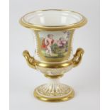 English porcelain Campana urn, 19th Century, decorated with a vignette of cherubs eating grapes,