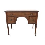 Late 19th C mahogany Desk with one long over two short deep drawers on turned tapering supports,