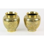 A pair of brass oviform vases, each one decorated with long-tailed mythological birds and shou