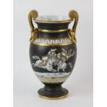 A French Paris porcelain style twin handled urn, 19th Century, decorated with a battle scene to the