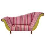 UNKNOWN DESIGNER, scrolling sofa, upholstered in multi-coloured striped fabric, on turned wooden