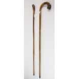 Walking cane with carved tigers head a white metal mounts, one glass eye and one mount lacking