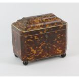 A tortoiseshell pewter and ivory tea caddy, 19th Century, the interior with a glass mixing bowl and