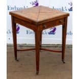Edwardian rosewood and line inlaid envelope card table, with purple baize and tooled leather