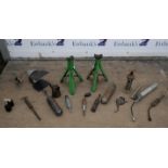 Collection of vintage garage items - To include Pair of vintage green car Axel stands and a jack,
