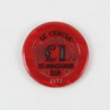 James Bond Dr. No 1962 Le Cercle £1 casino jeton. Le Cercle plaques and jetons were used in the