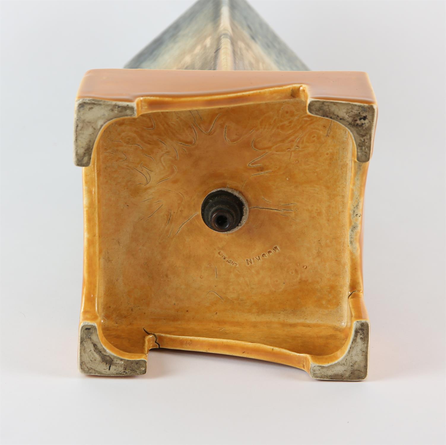 RUSKIN, ENGLAND, a rectangular pottery lamp, on square base, decorated with orange and blue glazes, - Image 2 of 2