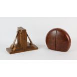 20TH CENTURY, a pair of oak bookends with cricket stumps, bat and ball, 17cm high,
