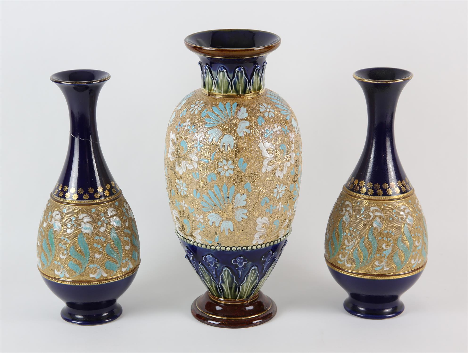ROYAL DOULTON, a pair of vases decorated with tube lined flowers by Emily J Partington, 22cm high, - Image 4 of 6
