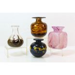 ISLE OF WIGHT GLASS, four squat vases, in various colourways, lacking labels, the tallest 11cm high