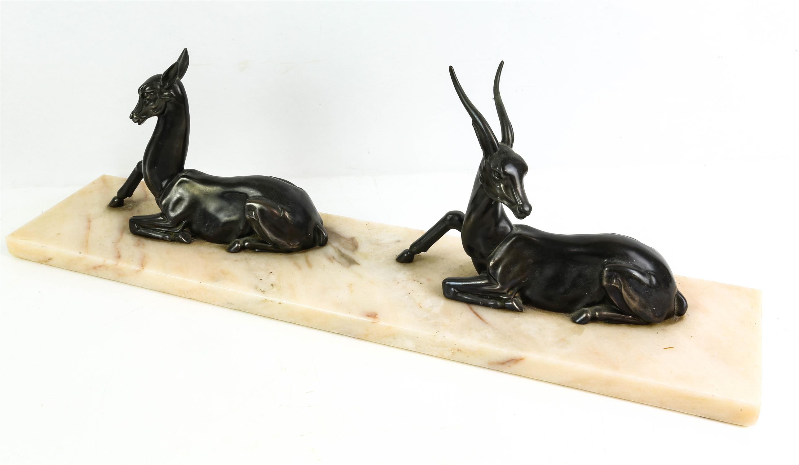 ART DECO, a silvered spelter figure group of an antelope and hind, on a rectangular onyx base, - Image 2 of 3