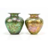 ISLE OF WIGHT GLASS, 1996-2014, two vases, iridescent coloured decoration, with labels,