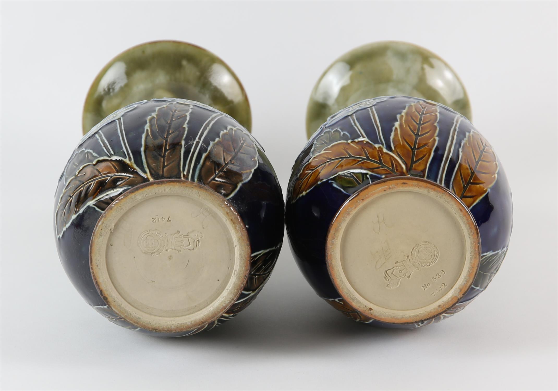 ROYAL DOULTON, a pair of vases decorated with tube lined flowers by Emily J Partington, 22cm high, - Image 3 of 6