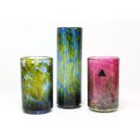 ISLE OF WIGHT GLASS, 1974-1979, FLAME PONTIL MARK, tall cylinder vase, blue and yellow, 19.
