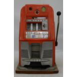 MILLS, a one armed Bandit fruit machine, with red finish metal case with chrome and polished metal