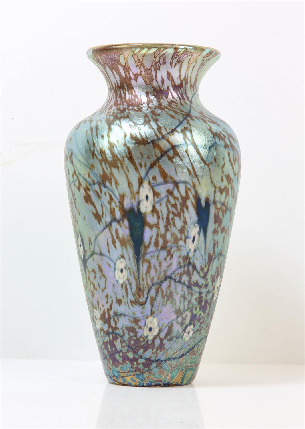 DAVE BARRAS FOR OKRA, vase, with iridescent decoration and white trailing flowers, signed to base, - Image 3 of 4