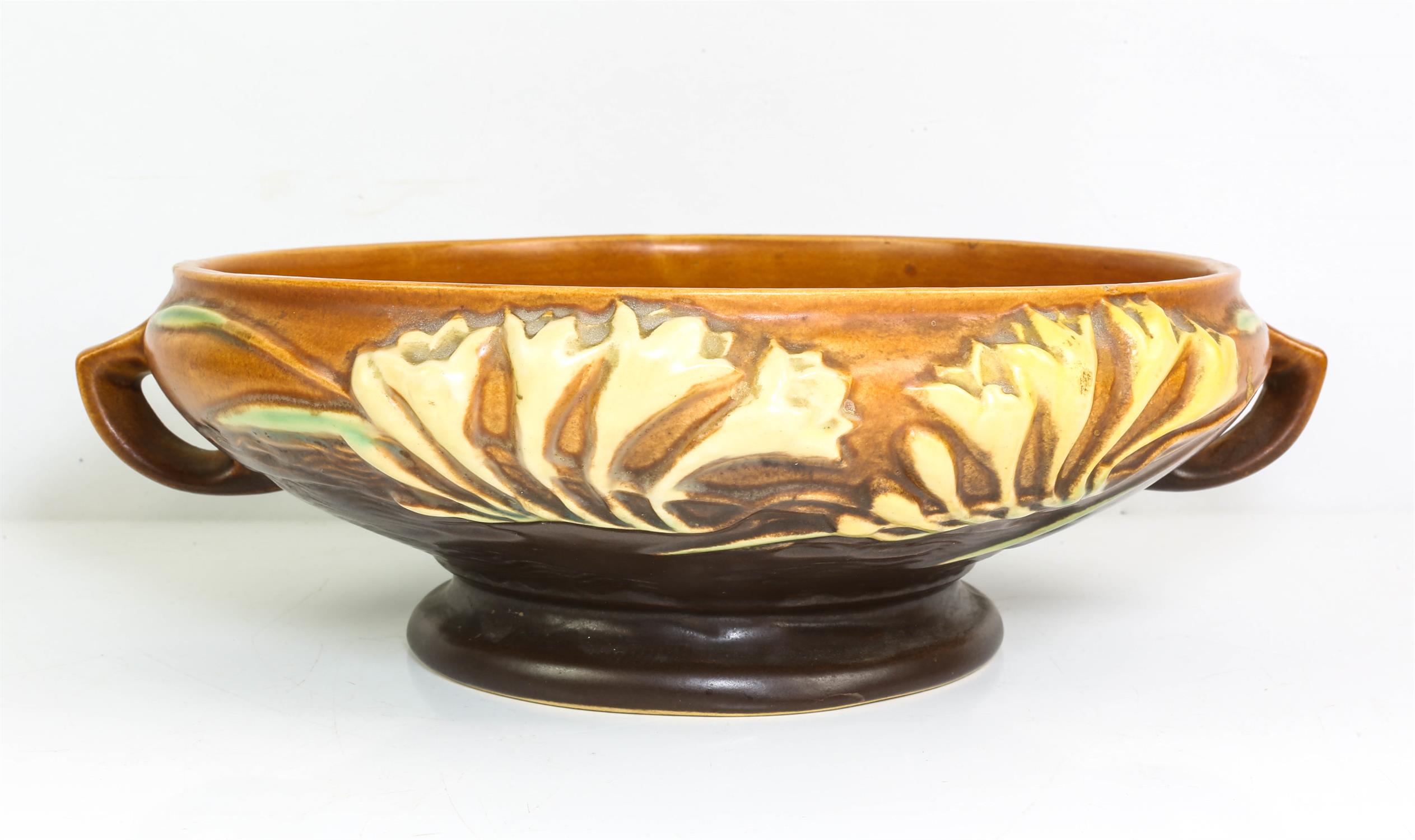 ROSEVILLE POTTERY, round pottery centre bowl, moulded with splays of flowers, on a brick red ground, - Image 2 of 13