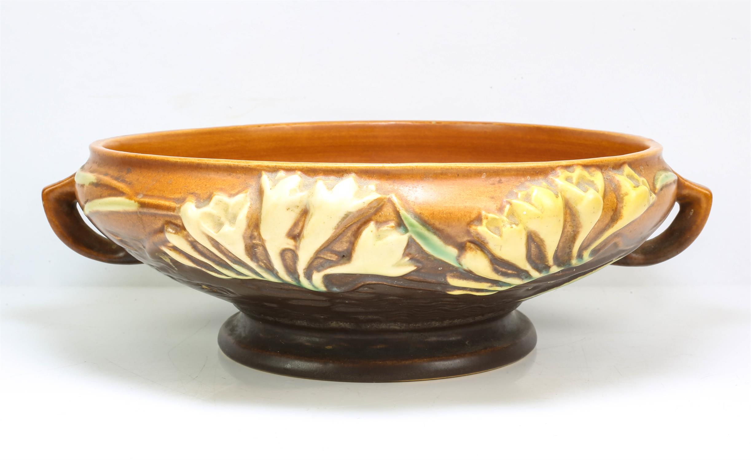 ROSEVILLE POTTERY, round pottery centre bowl, moulded with splays of flowers, on a brick red ground, - Image 3 of 13