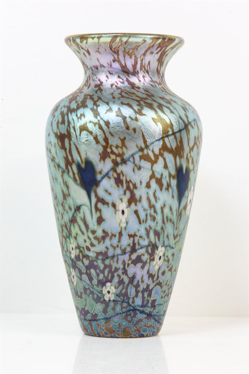 DAVE BARRAS FOR OKRA, vase, with iridescent decoration and white trailing flowers, signed to base,