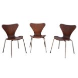 ARNE JACOBSEN (DANISH, 1902-1971) FOR FRITZ HANSEN, three Series 7 brown plywood chairs,