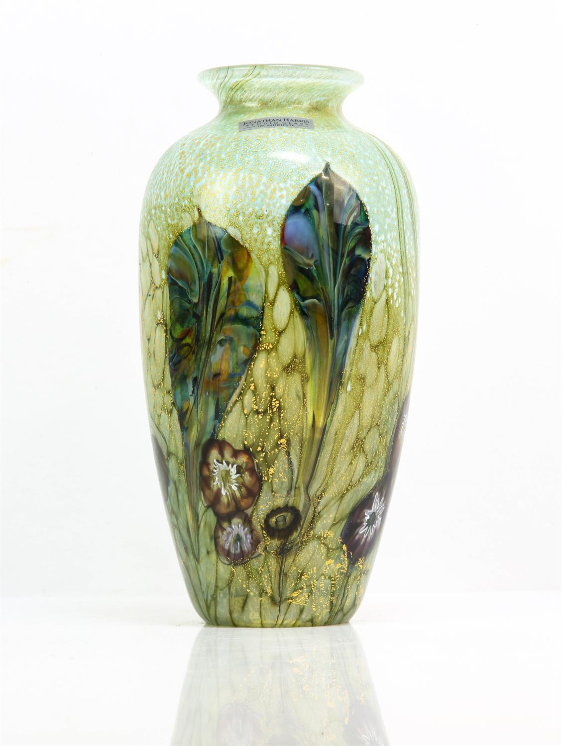 JONATHAN HARRIS FOR IRONBRIDGE GLASS, vase, with cane flowers and leaves, signed and inscribed