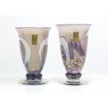 ISLE OF WIGHT GLASS, 30TH ANNIVERSARY, 2003/2004, two similar vases, purple and gold splash