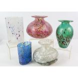 ISLE OF WIGHT GLASS, two squat vases, purple and white splash decoration, 12cm and 9.5cm high,