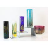 ISLE OF WIGHT GLASS, 1978-1991, tall cylinder vase, blue and gold decoration, triangular label,