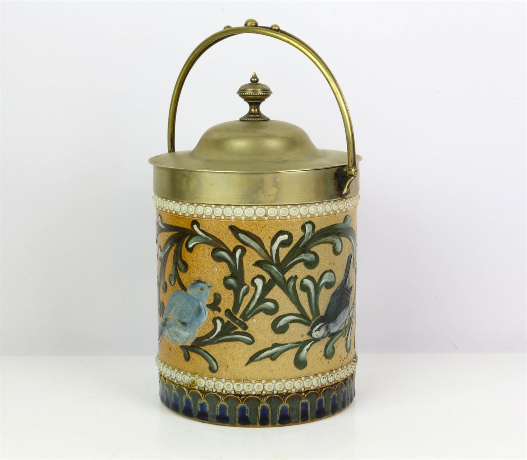 FLORENCE BARLOW (British, flor. 1873) FOR DOULTON, a stoneware biscuit barrel, mounted with a metal