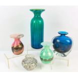 MDINA GLASS, a tall bottle vase, with green and blue decoration, 23cm high, together with four