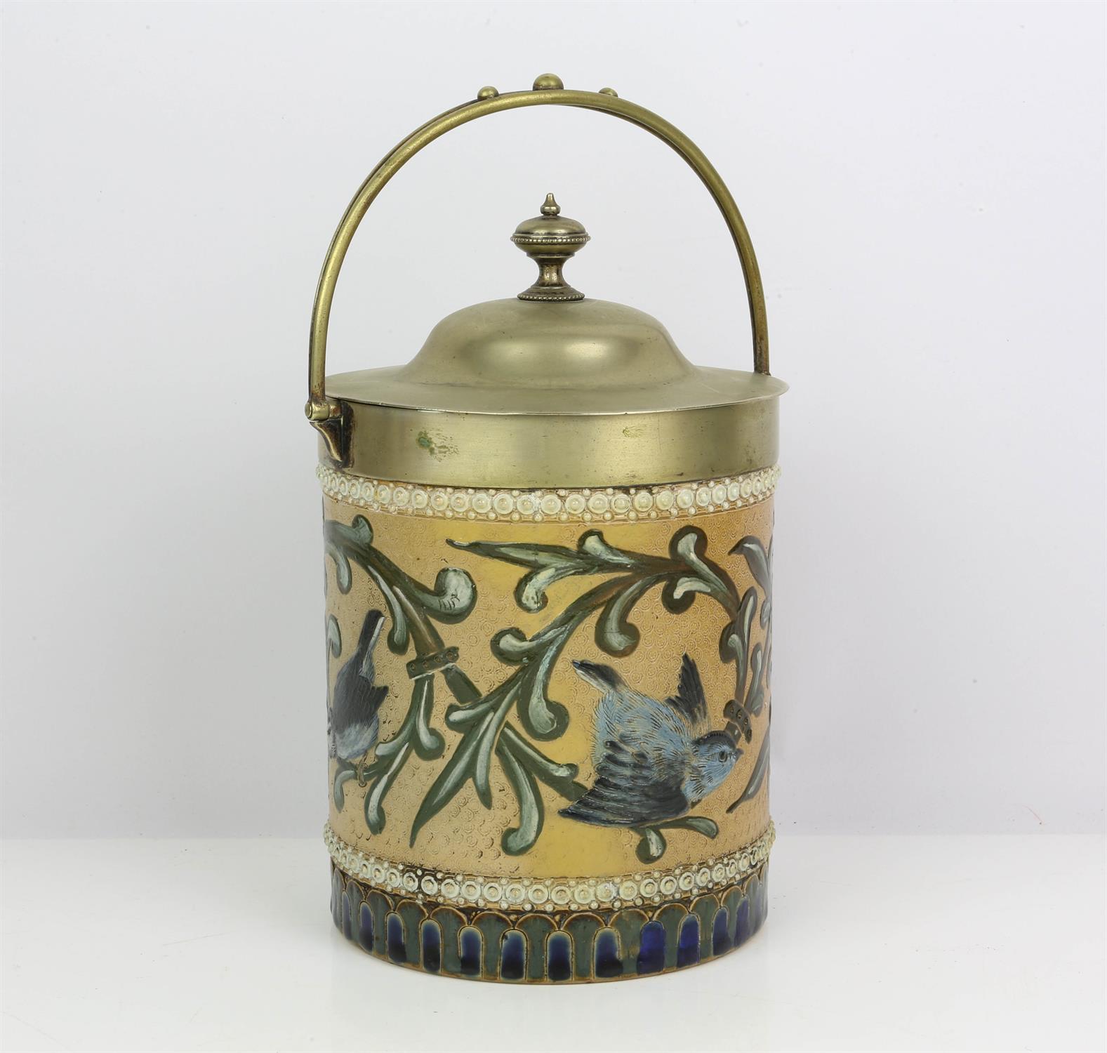 FLORENCE BARLOW (British, flor. 1873) FOR DOULTON, a stoneware biscuit barrel, mounted with a metal - Image 2 of 5