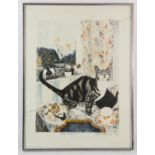 Daphne Sandham (b. 1950), 'Table Manners', depicting a cat on a coffee table, lithograph in colours,