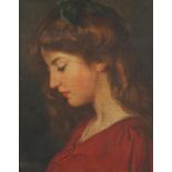Twentieth-century British School, portrait of a young woman in red, embellished print on board,