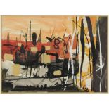 Twentieth-century British School, abstract landscape, watercolour and mixed media, unsigned,