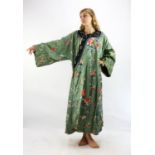 An antique green Kesi/Kossu Qing Dynasty Chinese silk Kimono embroidered in coloured fine silk