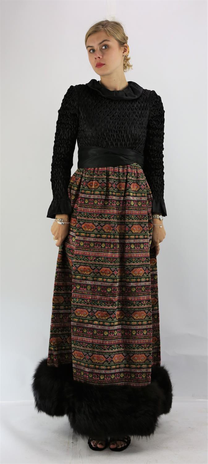 1970s, heavy carpet dress with real fur, possibly sheepskin hem satin, ruched bodice by ANDREW
